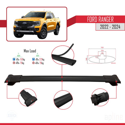 Compatible avec Ford Ranger (P703) 2022-2024 FLY Model Barres de Toit Railing Porte-Bagages de Voiture Noir Aluminium 2 Barres