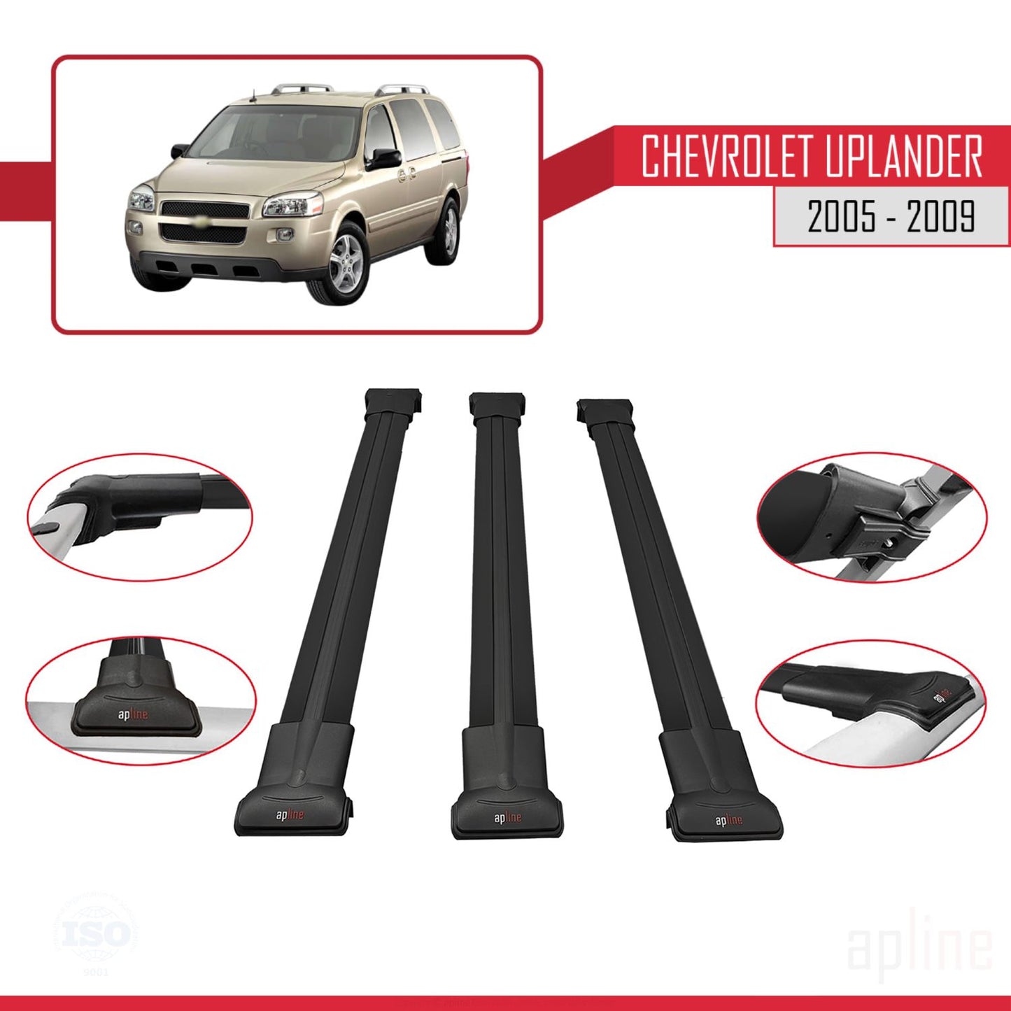 Compatible avec Chevrolet Uplander 2005-2009 FLY Model Barres de Toit Railing Porte-Bagages de Voiture Noir Aluminium 3 Barres