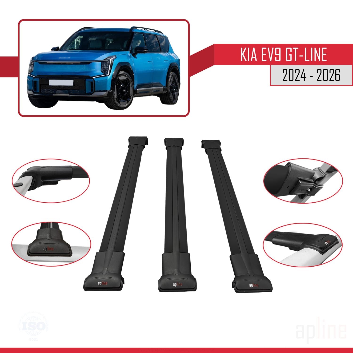 Compatible avec KIA EV9 GT-LINE 2024-2025 FLY Model Barres de Toit Railing Porte-Bagages de Voiture Noir Aluminium 3 Barres