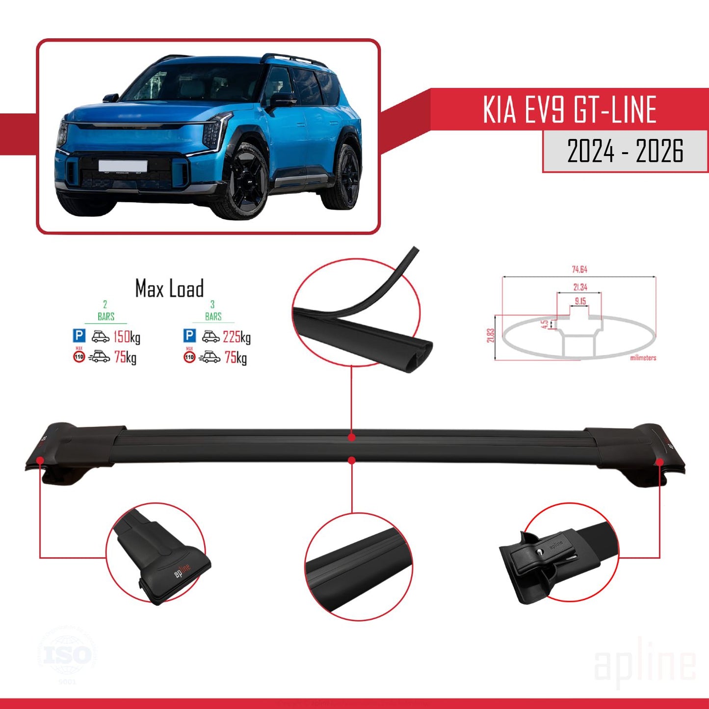 Compatible avec KIA EV9 GT-LINE 2024-2025 FLY Model Barres de Toit Railing Porte-Bagages de Voiture Noir Aluminium 4 Barres