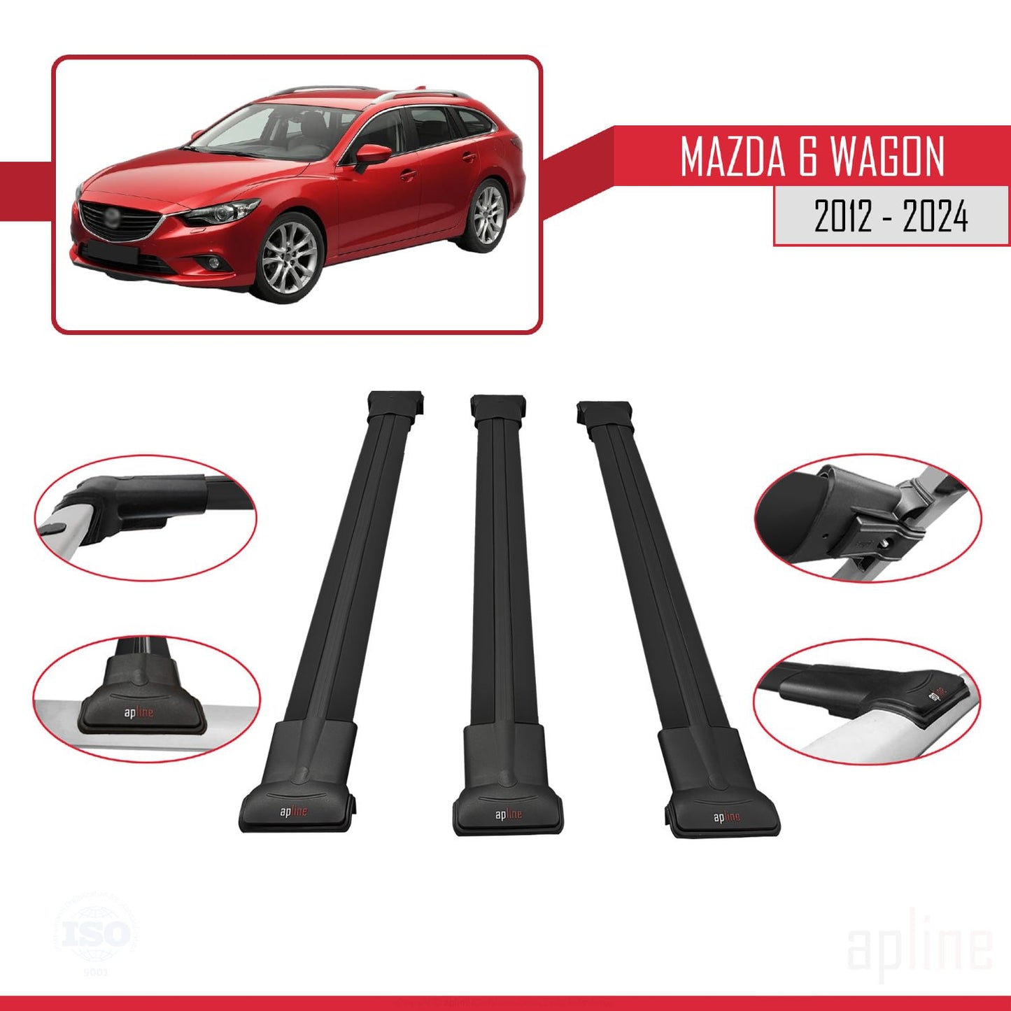 Compatible avec Mazda 6 Wagon 2012-2024 FLY Model Barres de Toit Railing Porte-Bagages de Voiture Noir Aluminium 3 Barres