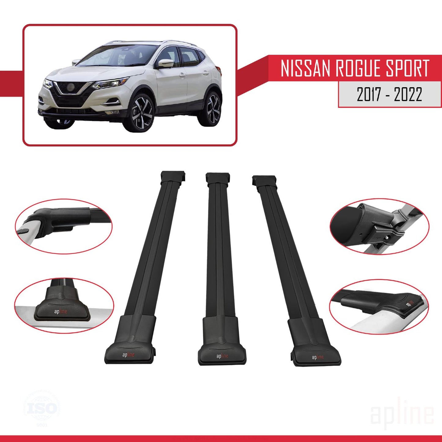 Compatible avec Nissan Rogue Sport 2017-2022 FLY Model Barres de Toit Railing Porte-Bagages de Voiture Noir Aluminium 3 Barres