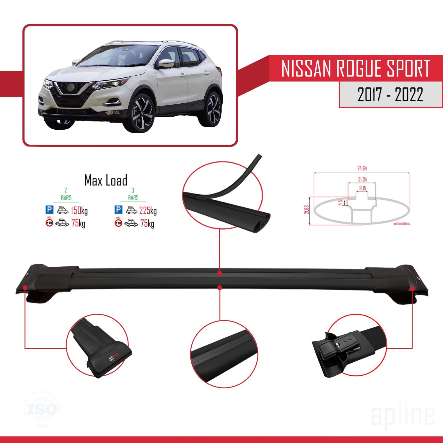 Compatible avec Nissan Rogue Sport 2017-2022 FLY Model Barres de Toit Railing Porte-Bagages de Voiture Noir Aluminium 3 Barres