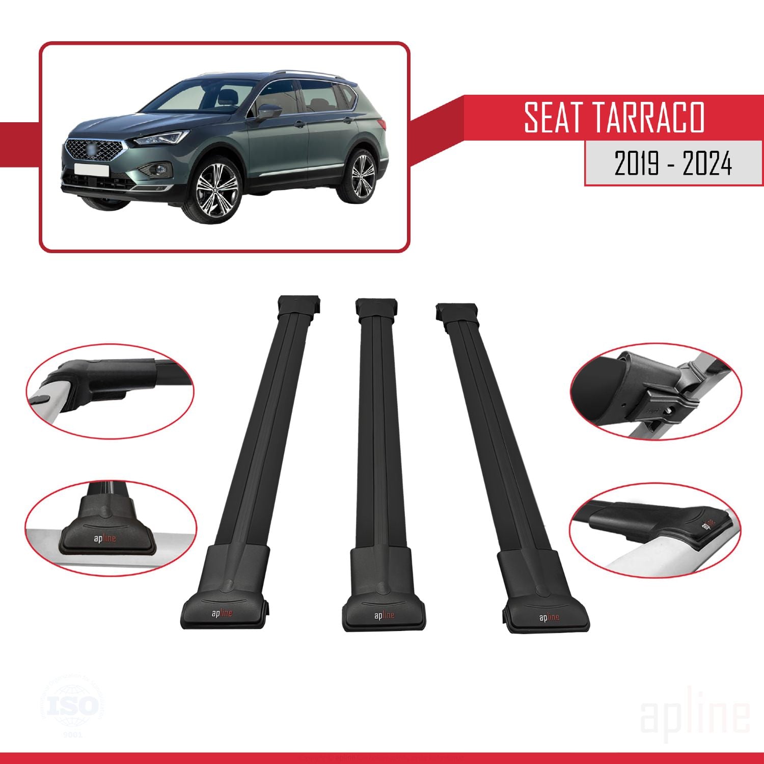 Compatible avec Seat Tarraco 2019-2024 FLY Model Barres de Toit Railing Porte-Bagages de Voiture Noir Aluminium 3 Barres