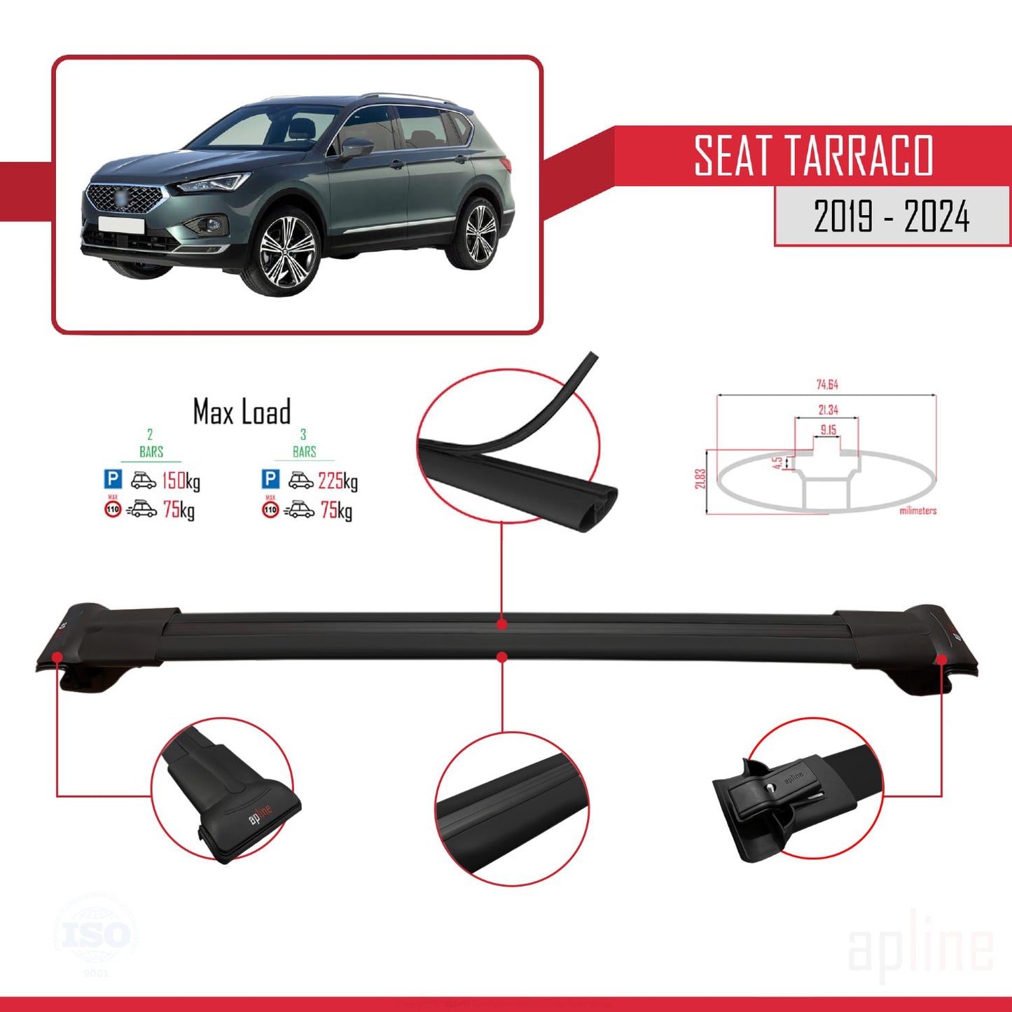 Compatible avec Seat Tarraco 2019-2024 FLY Model Barres de Toit Railing Porte-Bagages de Voiture Noir Aluminium 2 Barres