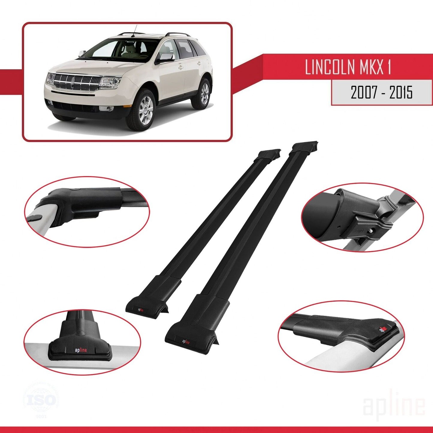 Compatible avec Lincoln MKX (U388) 2007-2015 FLY Model Barres de Toit Railing Porte-Bagages de Voiture Noir Aluminium 2 Barres