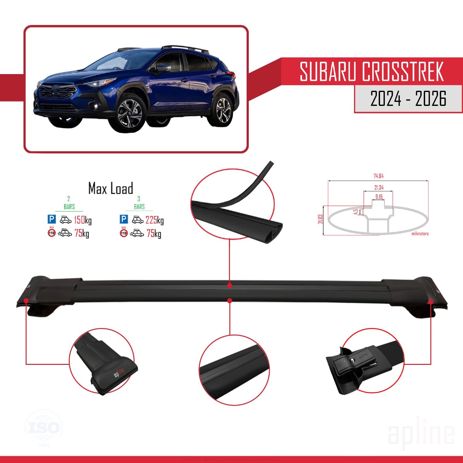 Compatible avec Subaru Crosstrek 2024-2025 FLY Model Barres de Toit Railing Porte-Bagages de Voiture Noir Aluminium 2 Barres