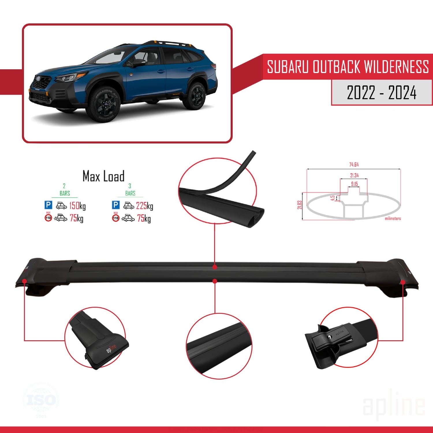 Compatible avec Subaru Outback Wilderness 2022-2024 FLY Model Barres de Toit Railing Porte-Bagages de Voiture Noir Aluminium 3 Barres