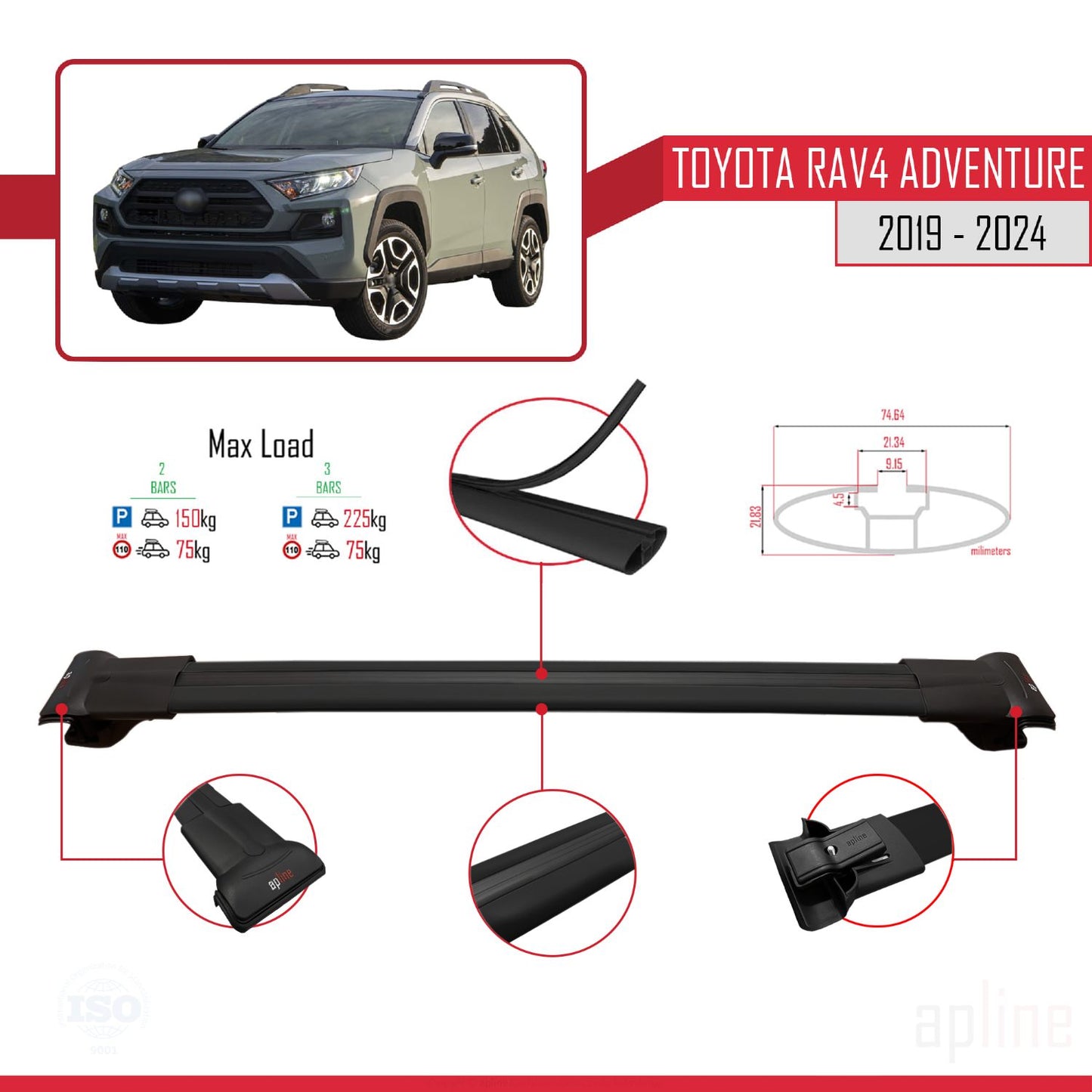 Compatible avec Toyota RAV4 Adventure 2019-2024 FLY Model Barres de Toit Railing Porte-Bagages de Voiture Noir Aluminium 3 Barres