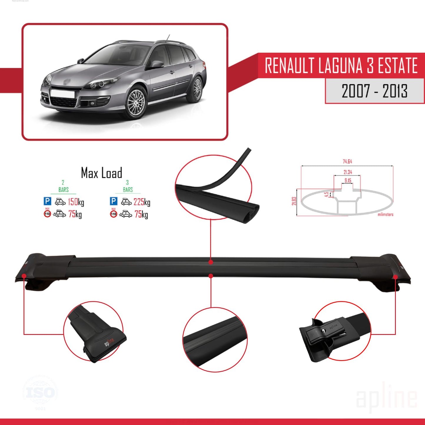 Compatible avec Renault Laguna 3 Estate 2007-2013 FLY Model Barres de Toit Railing Porte-Bagages de Voiture Noir Aluminium 2 Barres