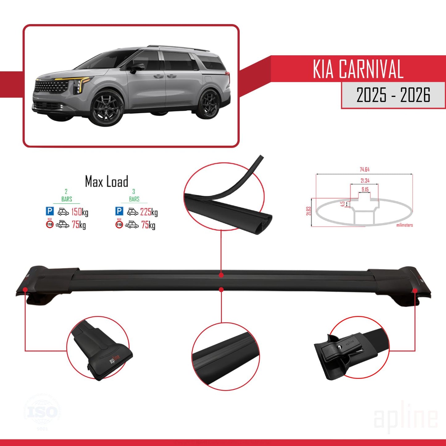 Compatible avec Kia Carnival 2025 FLY Model Barres de Toit Railing Porte-Bagages de Voiture Noir Aluminium 2 Barres