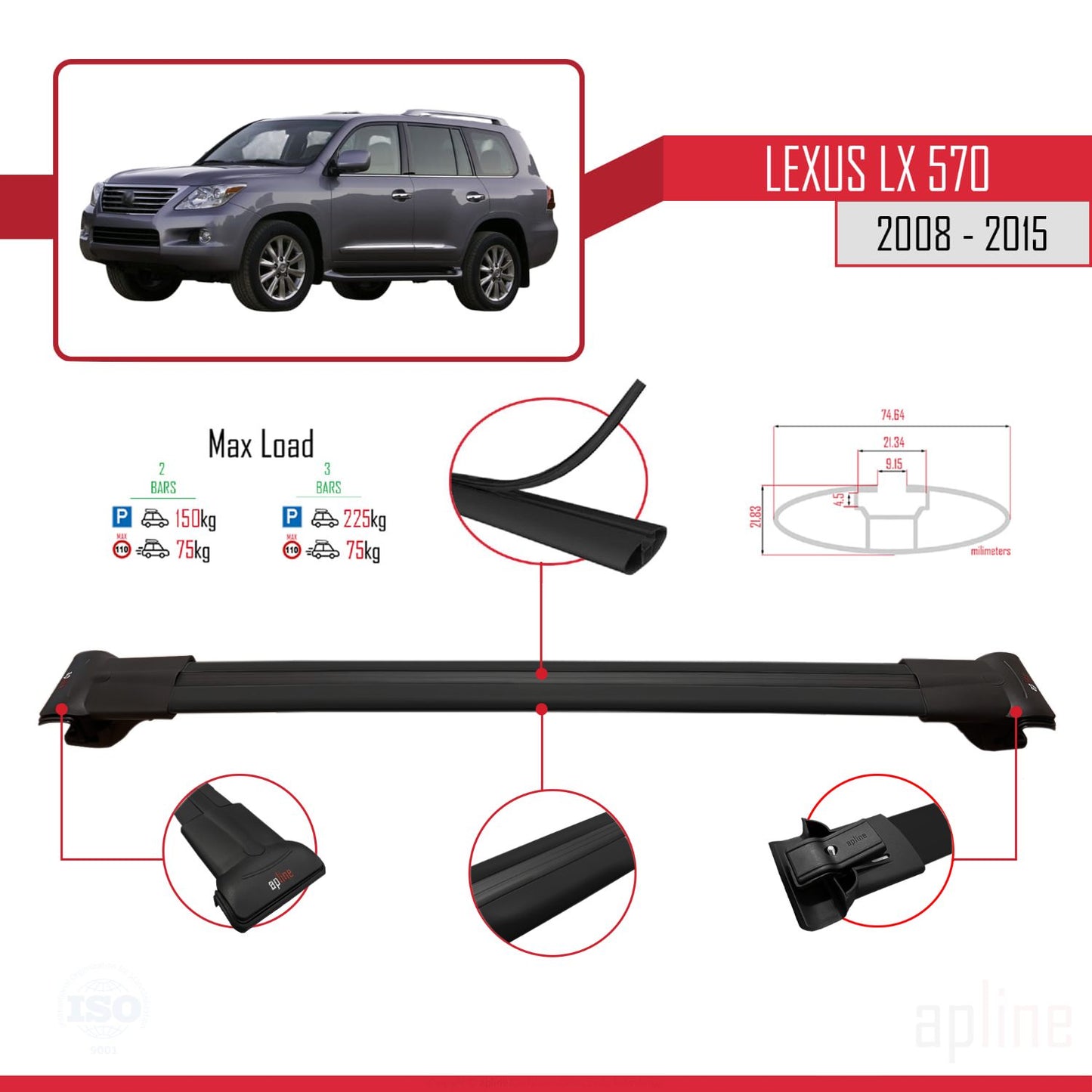 Compatible avec Lexus LX 570 2008-2015 FLY Model Barres de Toit Railing Porte-Bagages de Voiture Noir Aluminium 2 Barres