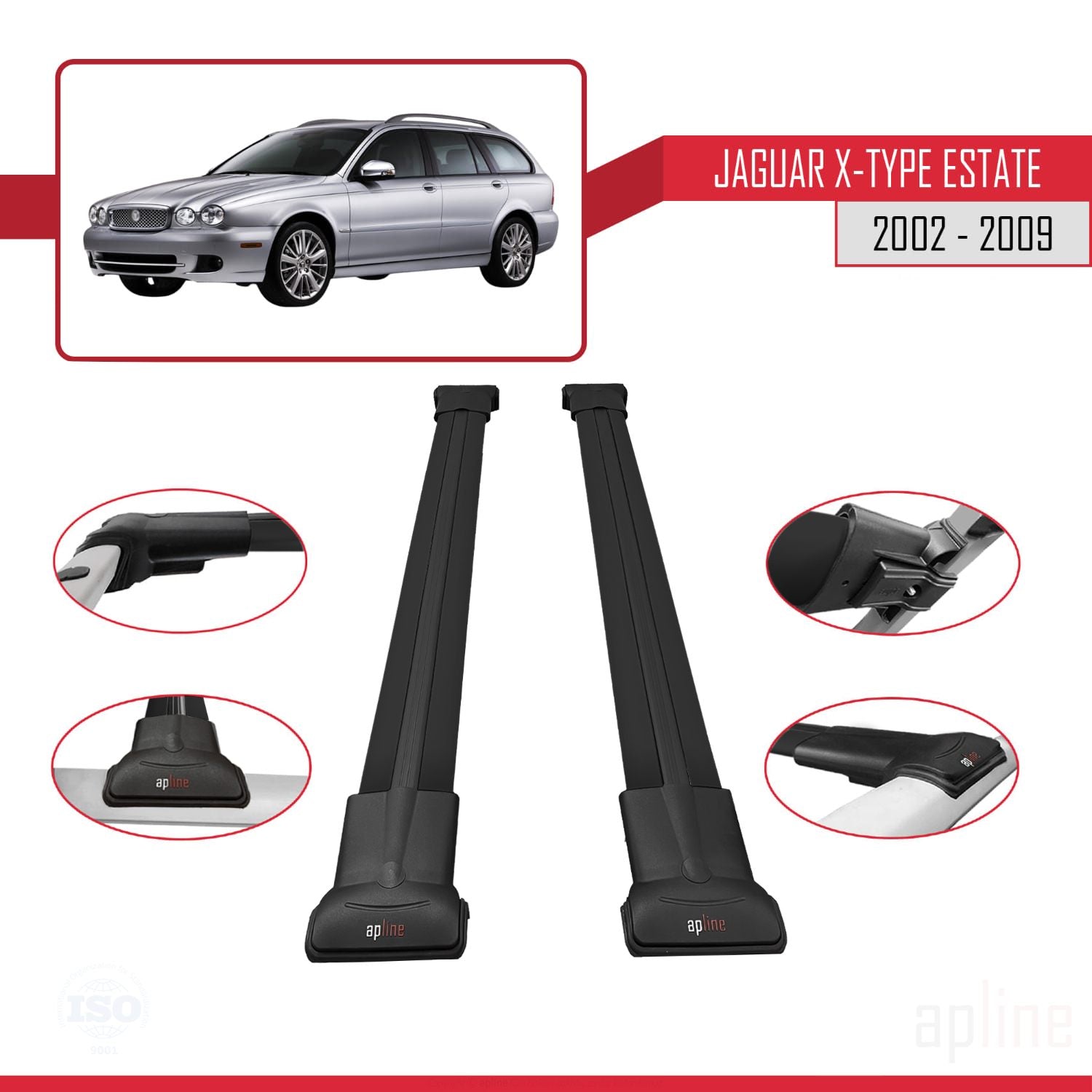 Compatible avec Jaguar X-Type Estate 2002-2009 FLY Model Barres de Toit Railing Porte-Bagages de Voiture Noir Aluminium 2 Barres