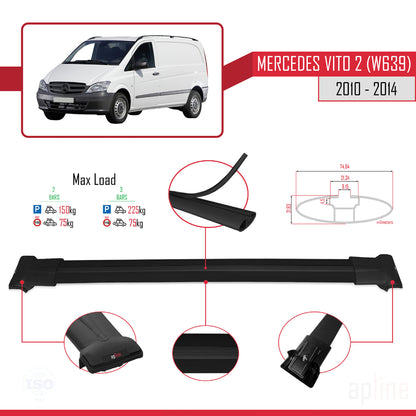 Compatible avec Mercedes Vito 2 (W639) Post-Facelift 2010-2014 FLY Model Barres de Toit Railing Porte-Bagages de Voiture Noir Aluminium 2 Barres