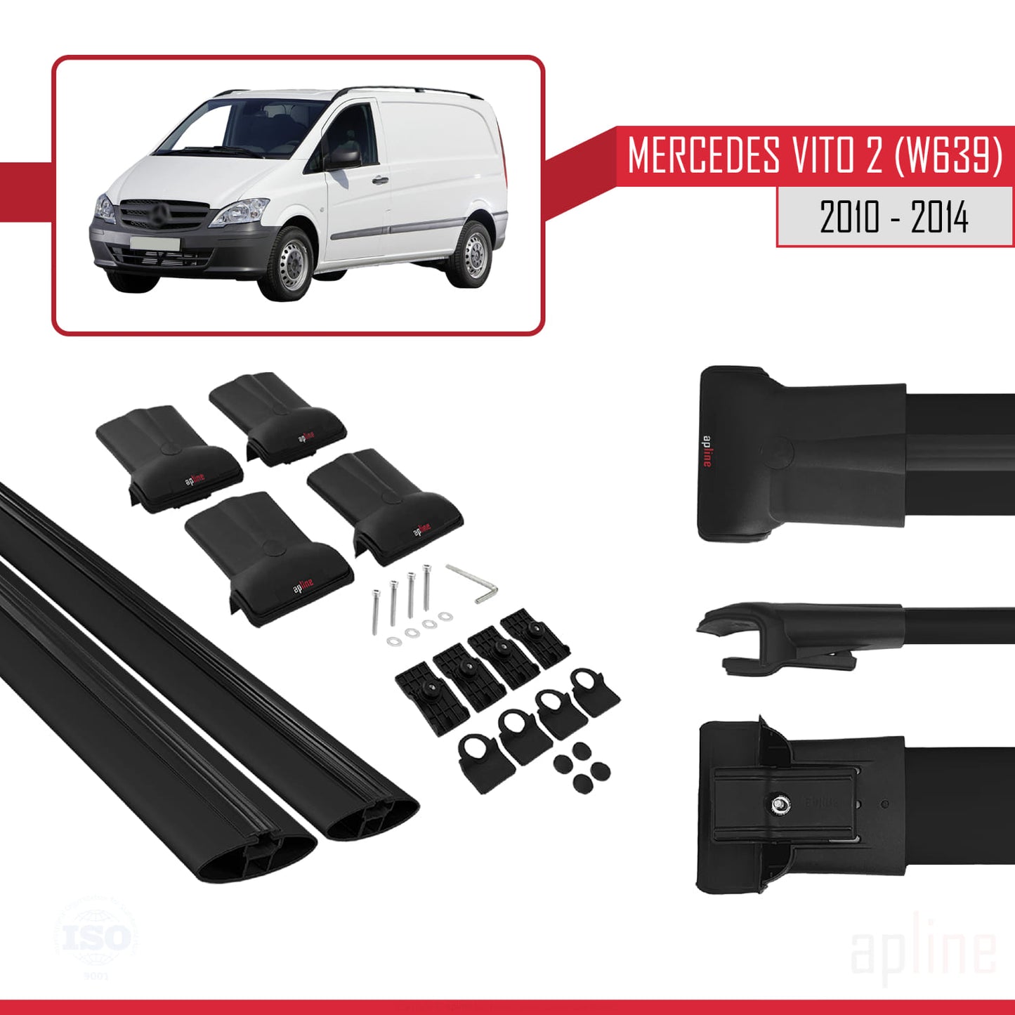 Compatible avec Mercedes Vito 2 (W639) Post-Facelift 2010-2014 FLY Model Barres de Toit Railing Porte-Bagages de Voiture Noir Aluminium 2 Barres