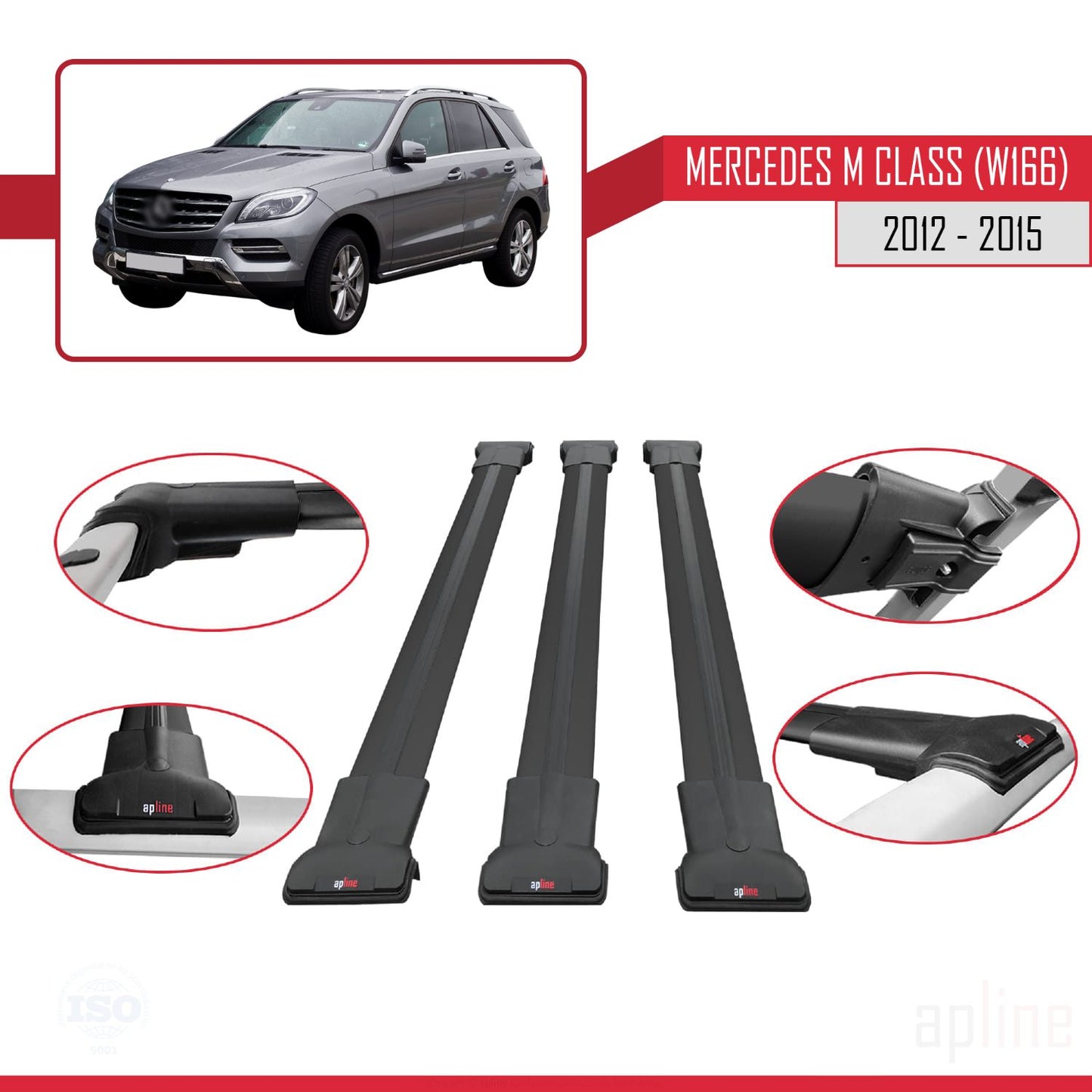 Compatible avec Mercedes M Class 3 (W166) Pre-Facelift 2012-2015 FLY Model Barres de Toit Railing Porte-Bagages de Voiture Noir Aluminium 3 Barres