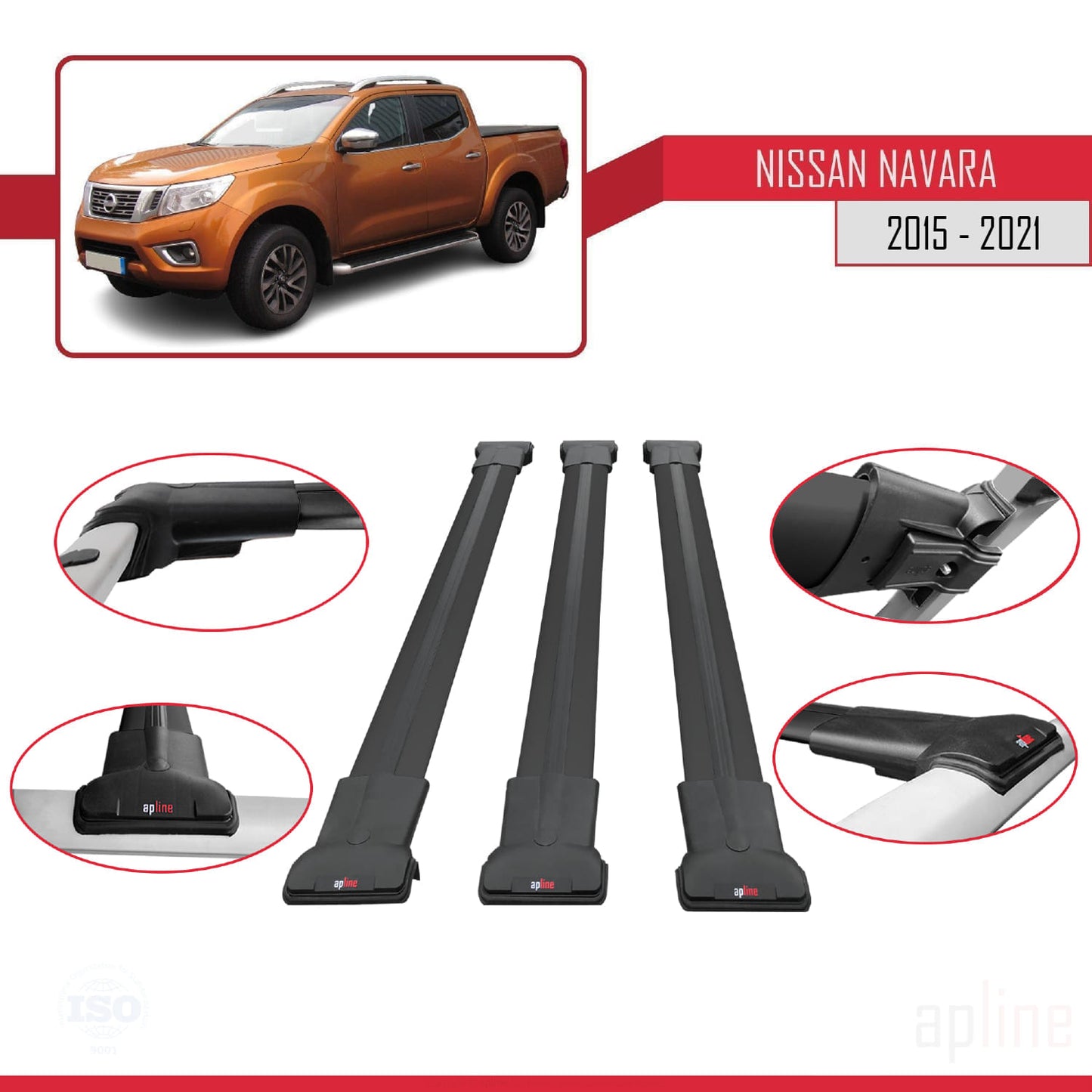 Compatible avec Nissan Navara 4 (D23) 2015-2021 FLY Model Barres de Toit Railing Porte-Bagages de Voiture Noir Aluminium 3 Barres