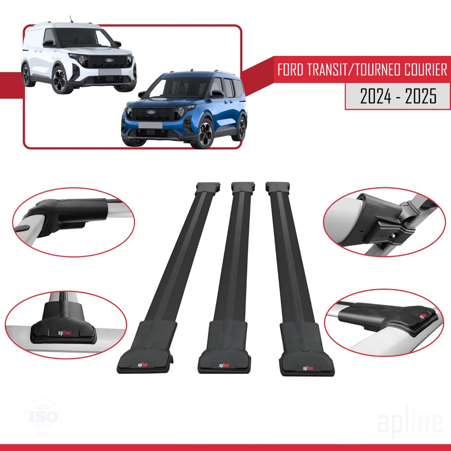 Compatible avec Ford Transit/Tourneo Courier 2024-2025 FLY Model Barres de Toit Railing Porte-Bagages de Voiture Noir Aluminium 3 Barres