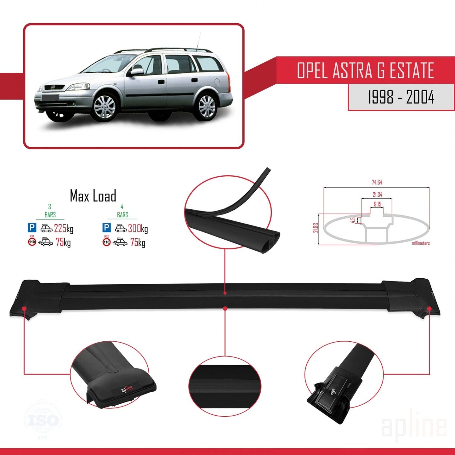 Compatible avec Opel Astra G (T98) Break 1998-2004 FLY Model Barres de Toit Railing Porte-Bagages de Voiture Noir Aluminium 3 Barres