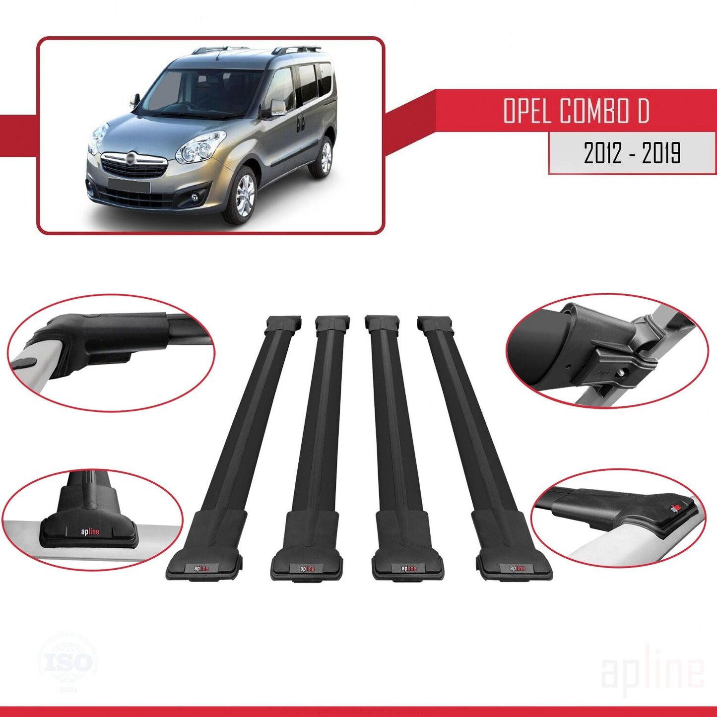 Compatible avec Opel Combo D 2012-2018 FLY Model Barres de Toit Railing Porte-Bagages de Voiture Noir Aluminium 4 Barres