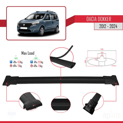 Compatible avec Dacia Dokker (K67) 2012-2024 FLY Model Barres de Toit Railing Porte-Bagages de Voiture Noir Aluminium 2 Barres