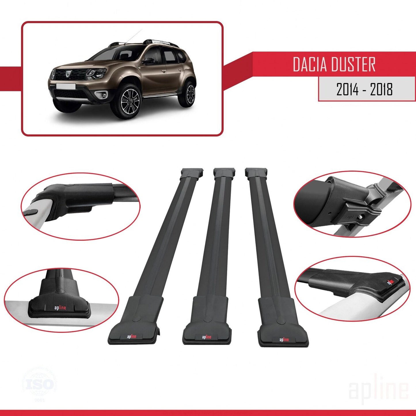 Compatible avec Dacia Duster (HS) Post-Facelift 2014-2017 FLY Model Barres de Toit Railing Porte-Bagages de Voiture Noir Aluminium 3 Barres