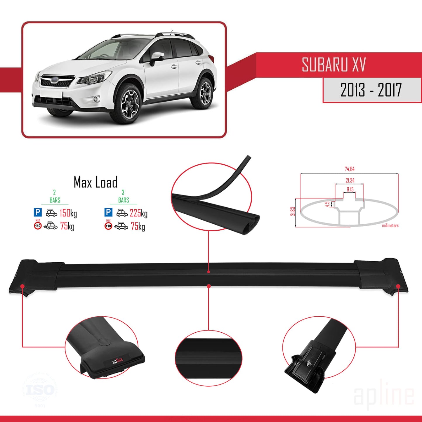 Compatible avec Subaru XV 2013-2017 FLY Model Barres de Toit Railing Porte-Bagages de Voiture Noir Aluminium 2 Barres