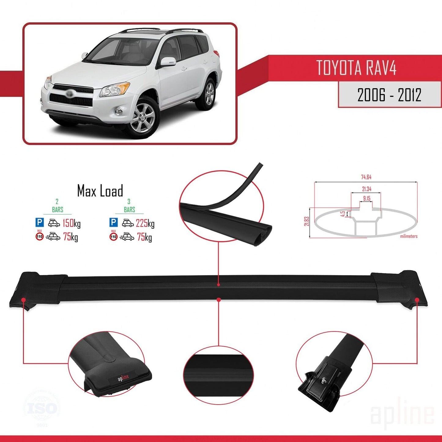 Compatible avec Toyota RAV4 III (XA30) 2006-2012 FLY Model Barres de Toit Railing Porte-Bagages de Voiture Noir Aluminium 2 Barres