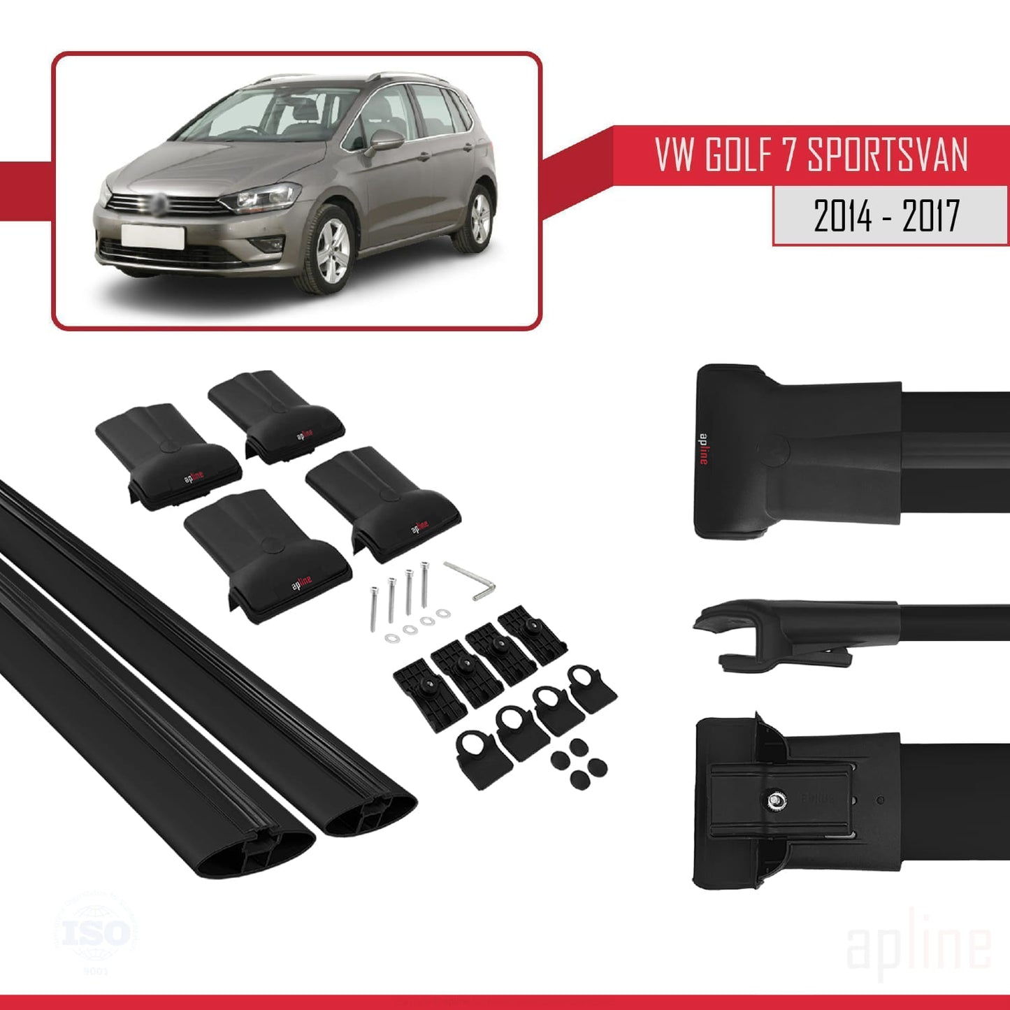 Compatible avec Volkswagen Golf Sportvan 2014-2017 FLY Model Barres de Toit Railing Porte-Bagages de Voiture Noir Aluminium 2 Barres