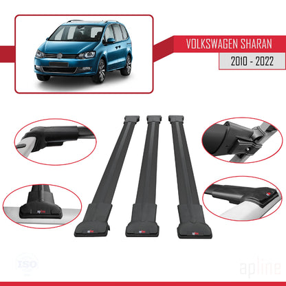 Compatible avec Volkswagen Sharan 2 (7N) 2010-2022 FLY Model Barres de Toit Railing Porte-Bagages de Voiture Noir Aluminium 3 Barres