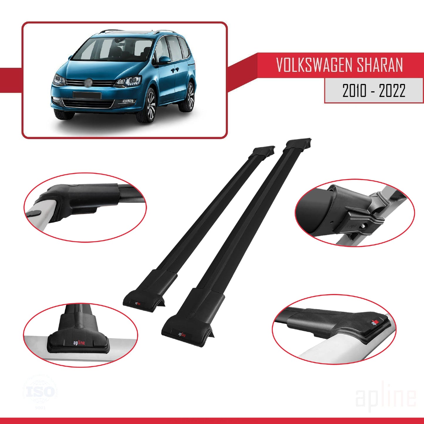 Compatible avec Volkswagen Sharan 2 (7N) 2010-2022 FLY Model Barres de Toit Railing Porte-Bagages de Voiture Noir Aluminium 2 Barres
