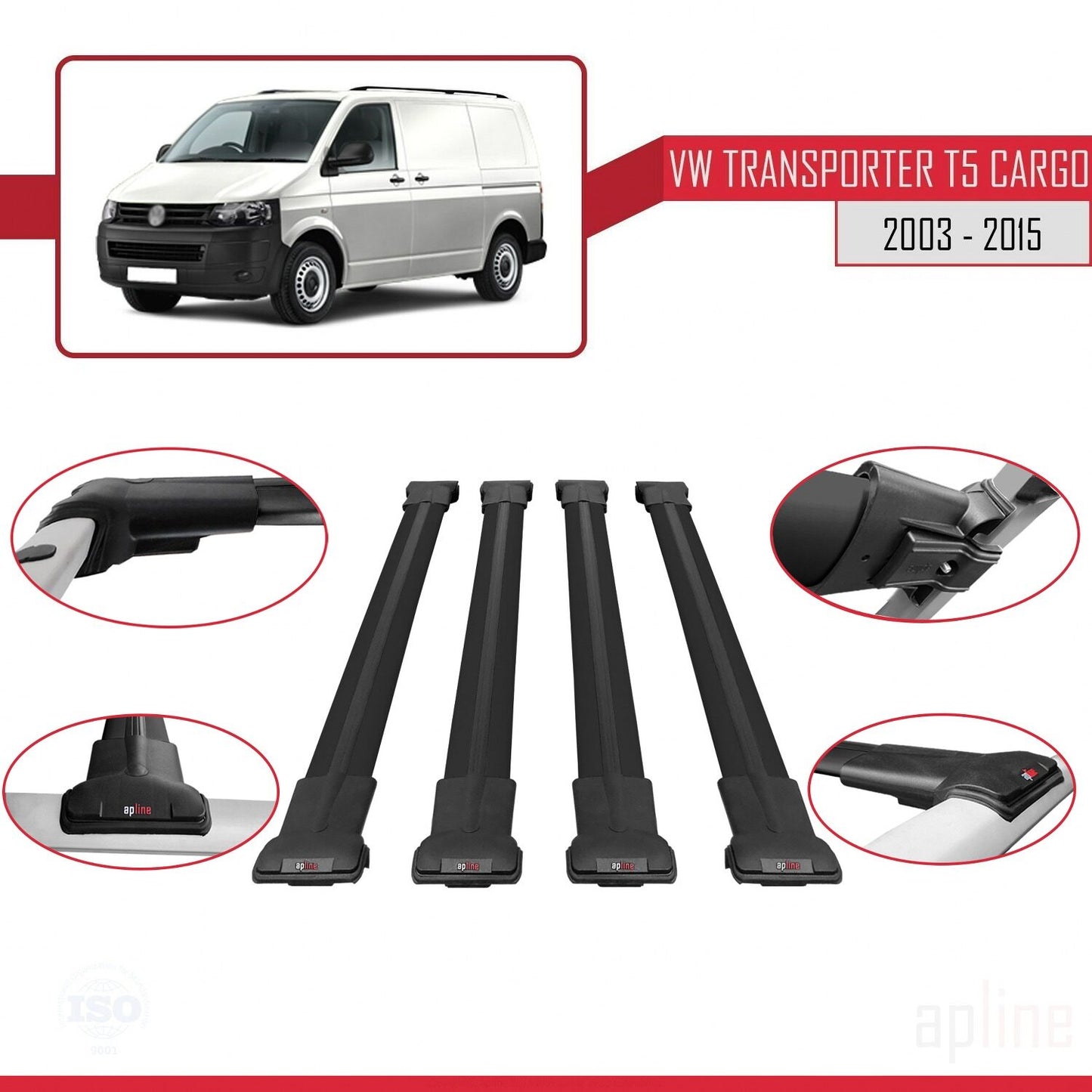 Compatible avec Volkswagen T5 Transporter 2003-2015 FLY Model Barres de Toit Railing Porte-Bagages de Voiture Noir Aluminium 4 Barres