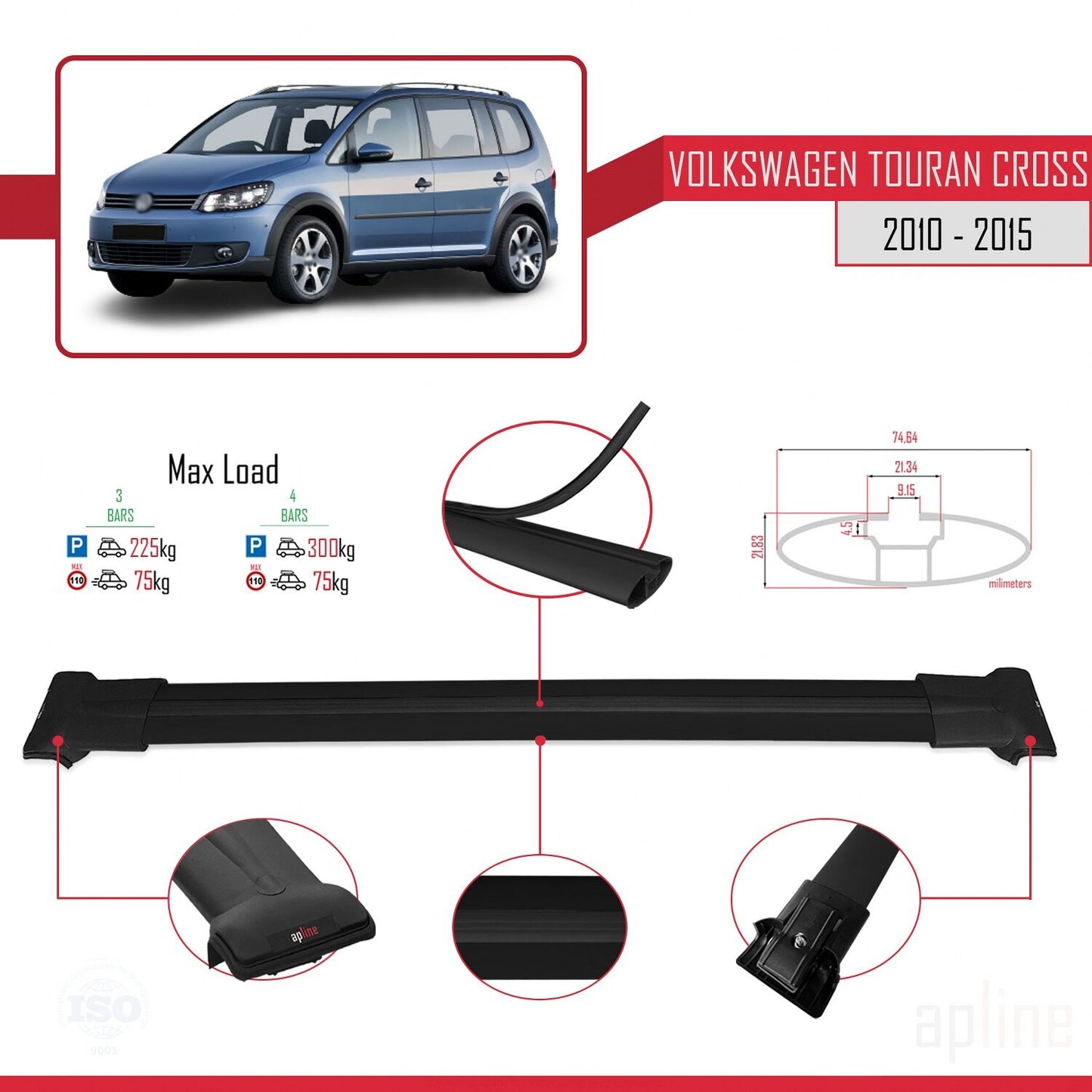 Compatible avec Volkswagen Touran Cross Post-Facelift 2010-2015 FLY Model Barres de Toit Railing Porte-Bagages de Voiture Noir Aluminium 3 Barres