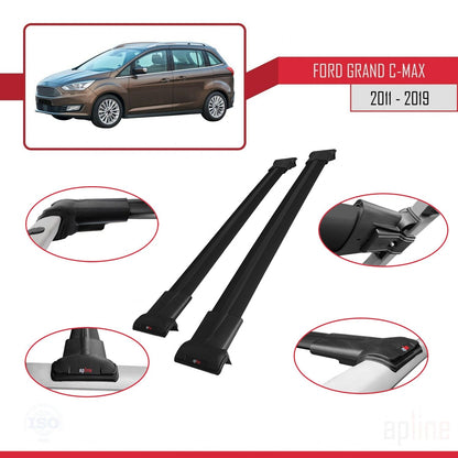 Compatible avec Ford Grand C-Max (C344) 2011-2019 FLY Model Barres de Toit Railing Porte-Bagages de Voiture Noir Aluminium 2 Barres