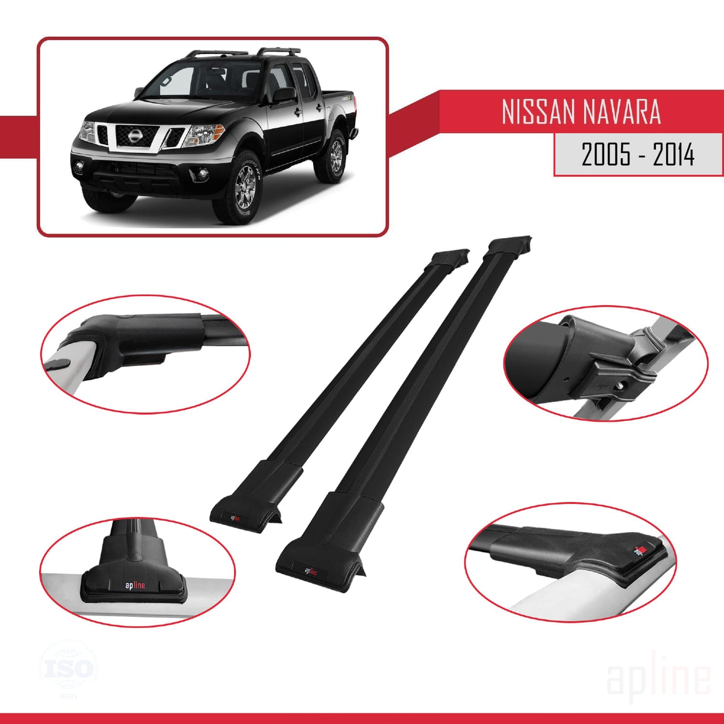 Compatible avec Nissan Navara 3 (D40) 2005-2014 FLY Model Barres de Toit Railing Porte-Bagages de Voiture Noir Aluminium 2 Barres