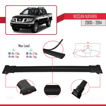Compatible avec Nissan Navara 3 (D40) 2005-2014 FLY Model Barres de Toit Railing Porte-Bagages de Voiture Noir Aluminium 2 Barres