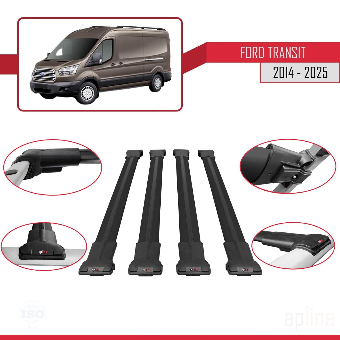 Compatible avec Ford Transit 2014-2025 FLY Model Barres de Toit Railing Porte-Bagages de Voiture Noir Aluminium 4 Barres