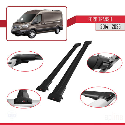 Compatible avec Ford Transit 2014-2025 FLY Model Barres de Toit Railing Porte-Bagages de Voiture Noir Aluminium 2 Barres