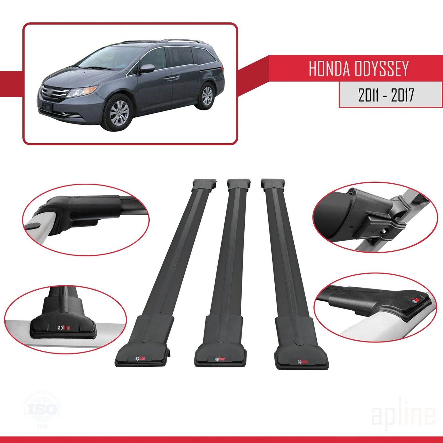 Compatible avec Honda Odyssey 2011-2017 FLY Model Barres de Toit Railing Porte-Bagages de Voiture Noir Aluminium 3 Barres
