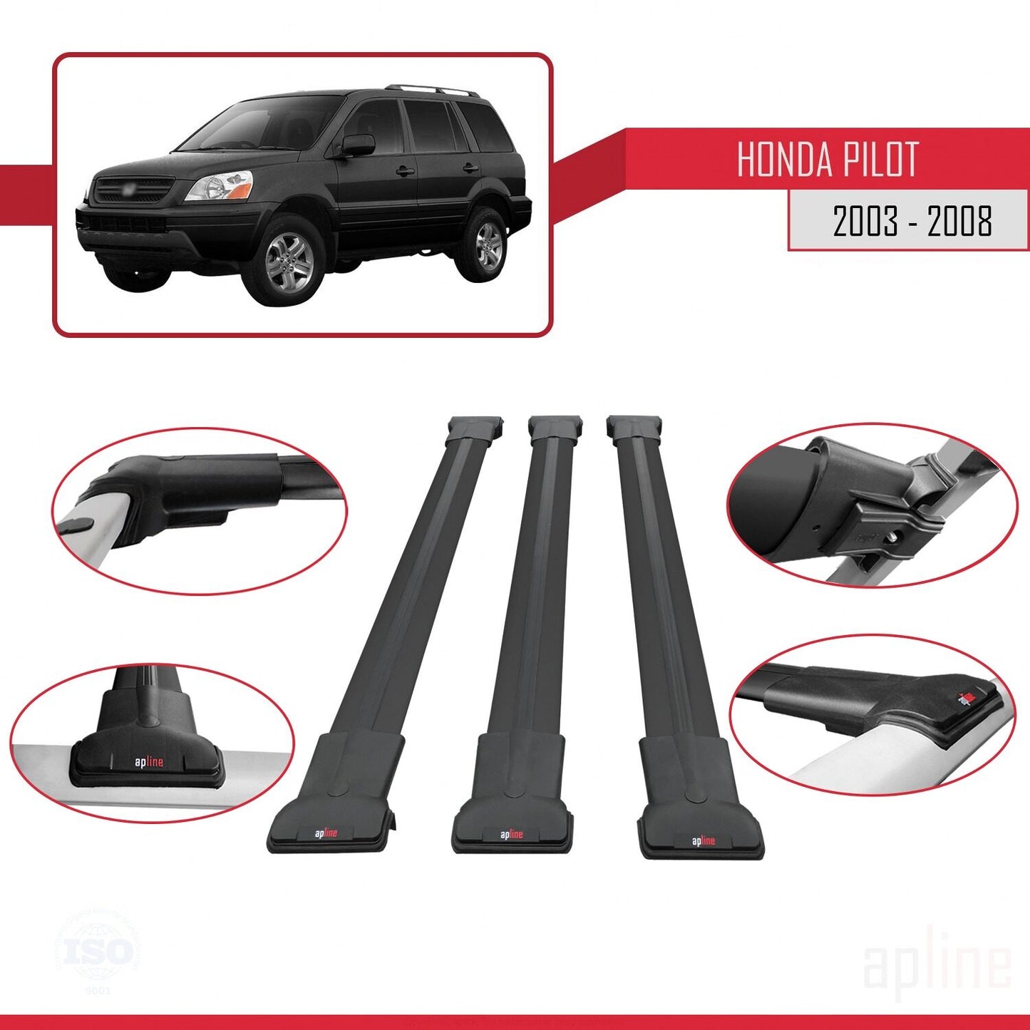Compatible avec Honda Pilot 2003-2008 FLY Model Barres de Toit Railing Porte-Bagages de Voiture Noir Aluminium 3 Barres