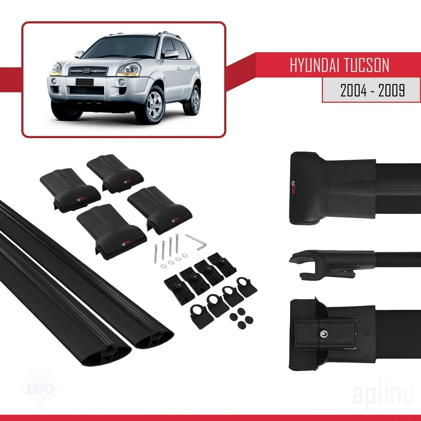 Compatible with Hyundai Tucson (JM) 2004-2009 FLY Model Car Roof Rack Cross Bar Black Aluminium 2 Bars