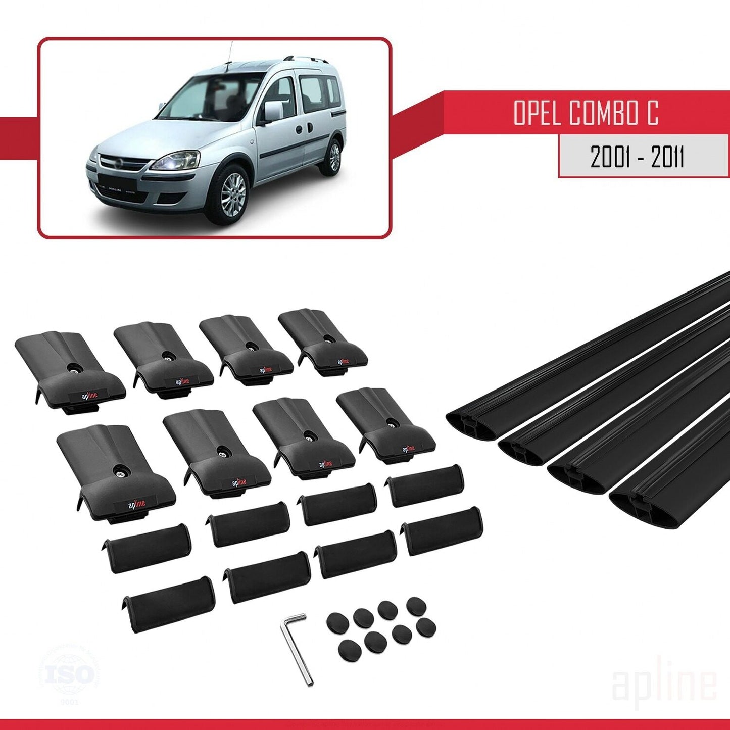 Compatible avec Opel Combo C 2001-2011 FLY Model Barres de Toit Railing Porte-Bagages de Voiture Noir Aluminium 4 Barres