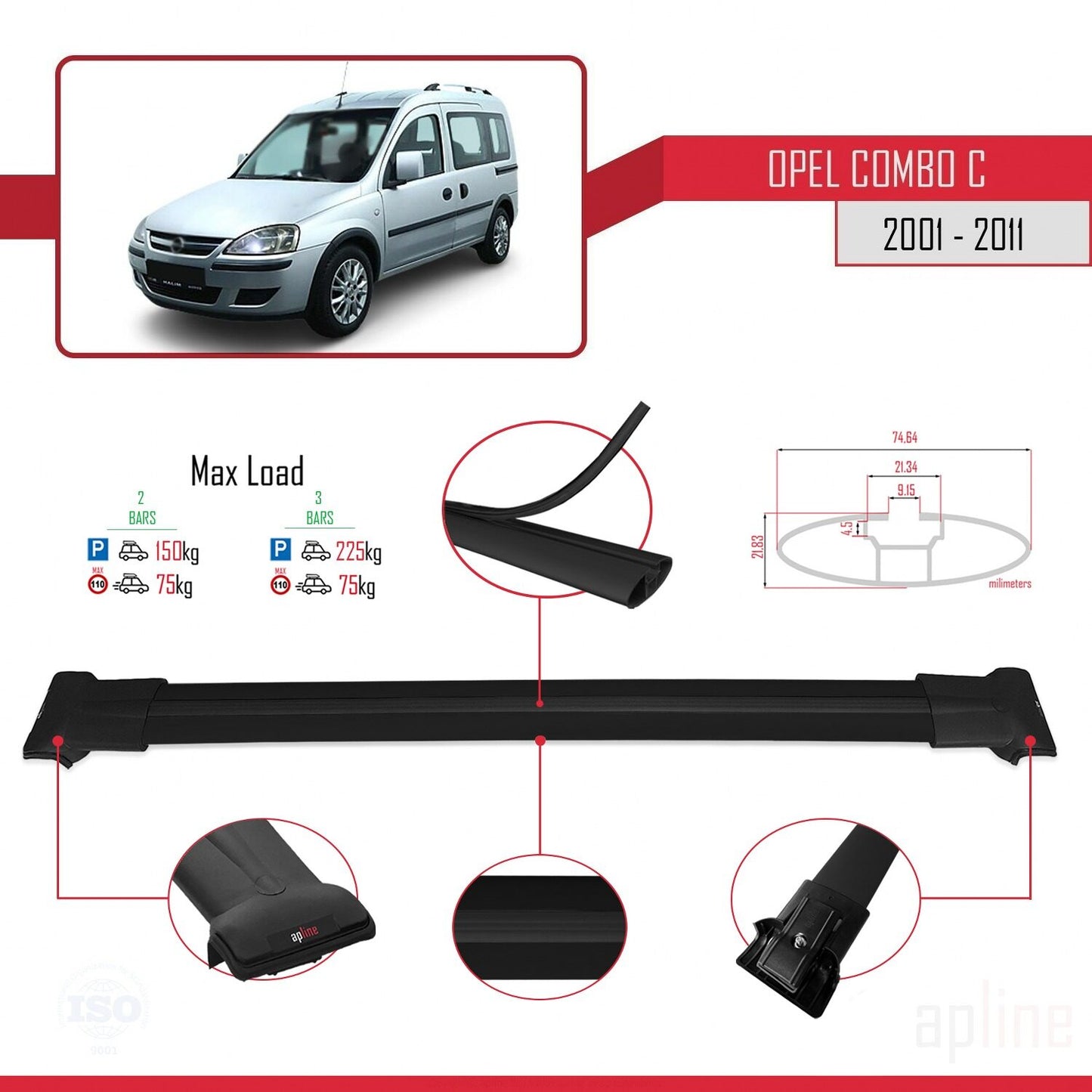 Compatible avec Opel Combo C 2001-2011 FLY Model Barres de Toit Railing Porte-Bagages de Voiture Noir Aluminium 2 Barres