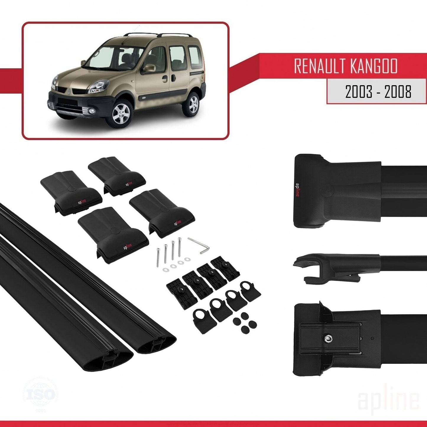 Compatible avec Renault Kangoo (X76) Post-Facelift 2003-2008 FLY Model Barres de Toit Railing Porte-Bagages de Voiture Noir Aluminium 2 Barres