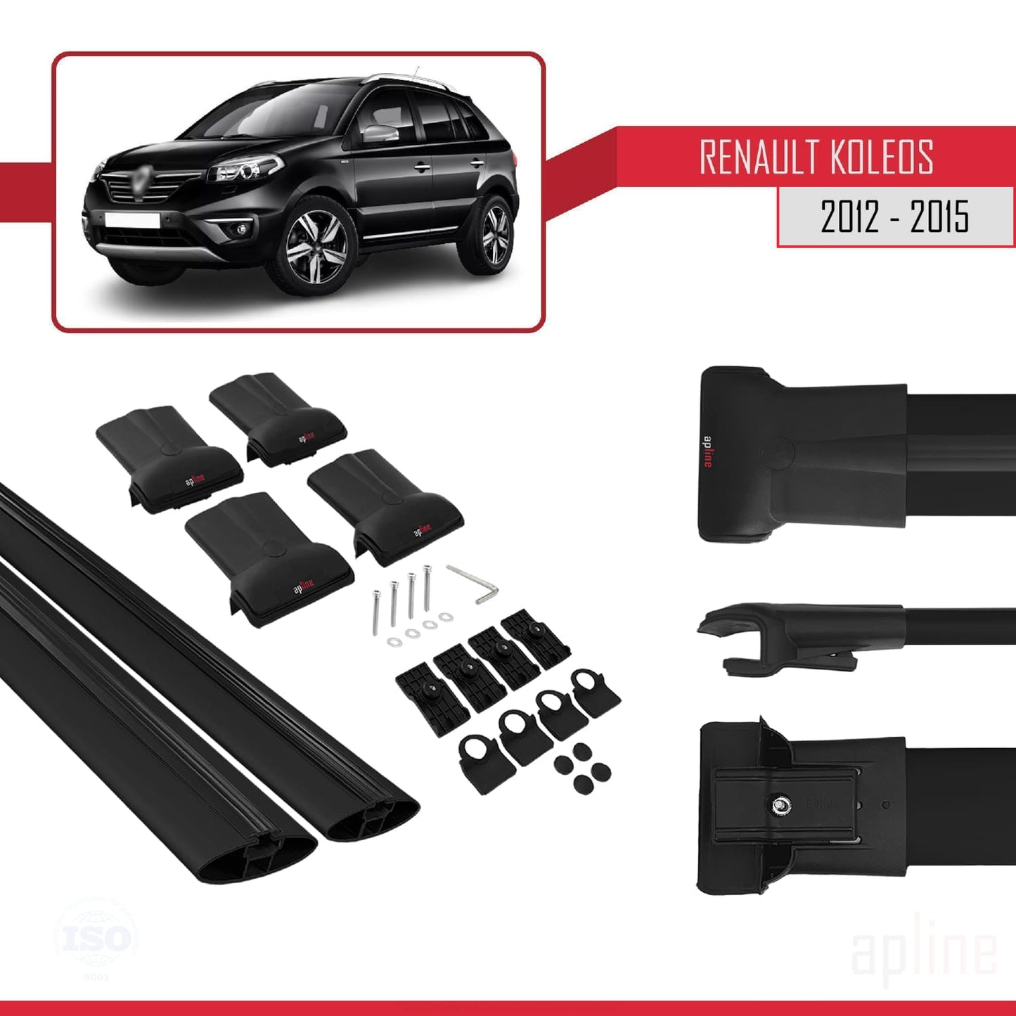 Compatible avec Renault Koleos (HY) Post-Facelift 2012-2015 FLY Model Barres de Toit Railing Porte-Bagages de Voiture Noir Aluminium 2 Barres