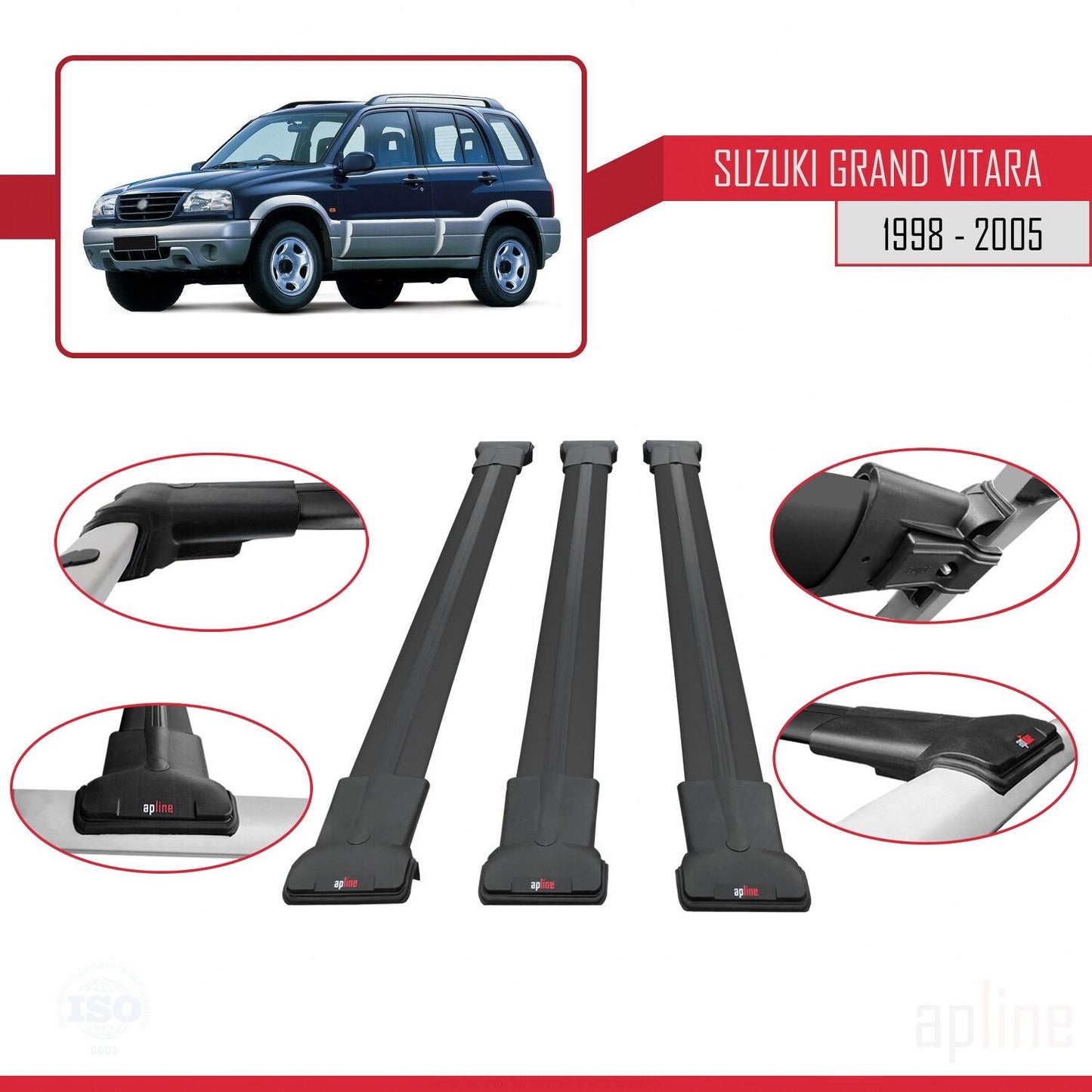 Compatible avec Suzuki Grand Vitara (FT) 1998-2005 FLY Model Barres de Toit Railing Porte-Bagages de Voiture Noir Aluminium 3 Barres