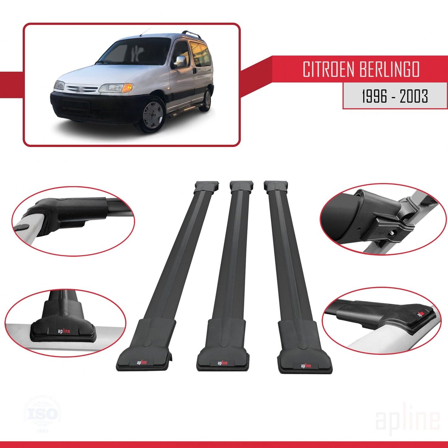 Compatible avec Citroen Berlingo (M49) 1996-2003 FLY Model Barres de Toit Railing Porte-Bagages de Voiture Noir Aluminium 3 Barres