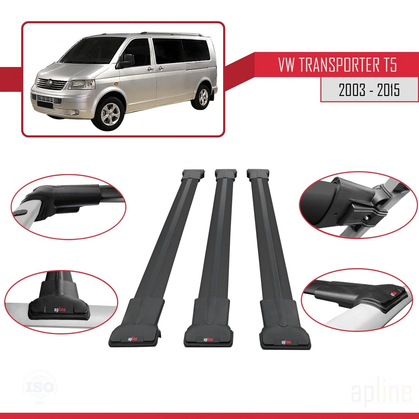 Compatible avec Volkswagen T5 Transporter 2003-2015 FLY Model Barres de Toit Railing Porte-Bagages de Voiture Noir Aluminium 3 Barres