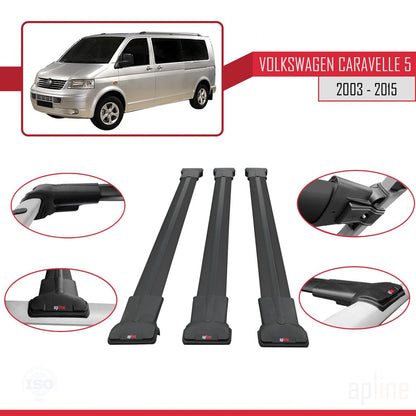 Compatible avec Volkswagen T5 Caravelle 2003-2015 FLY Model Barres de Toit Railing Porte-Bagages de Voiture Noir Aluminium 3 Barres