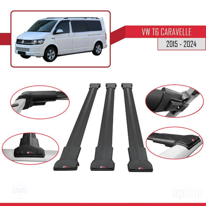 Compatible avec Volkswagen T6 Caravelle 2015-2024 FLY Model Barres de Toit Railing Porte-Bagages de Voiture Noir Aluminium 3 Barres